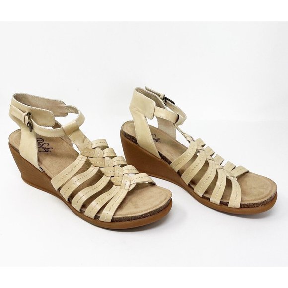 Pure Sole Leather Beige Nude Strappy Open Toe Wedge Sandals Size 9 - Picture 1 of 12